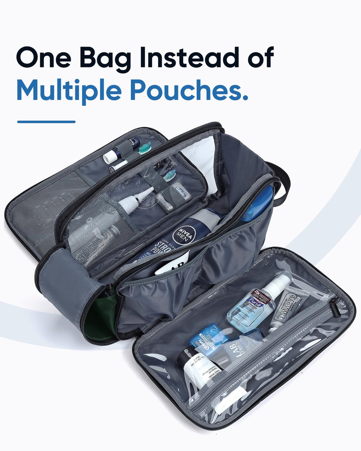 ZEEMO Travel Toiletry Bag open showing see-through compartments