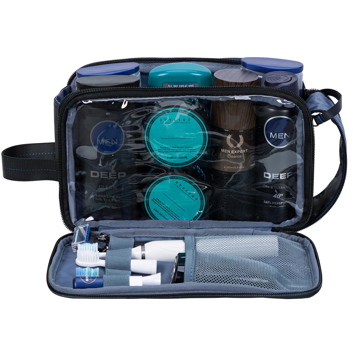 ZEEMO Travel Toiletry Bag open side view with toiletries inside
