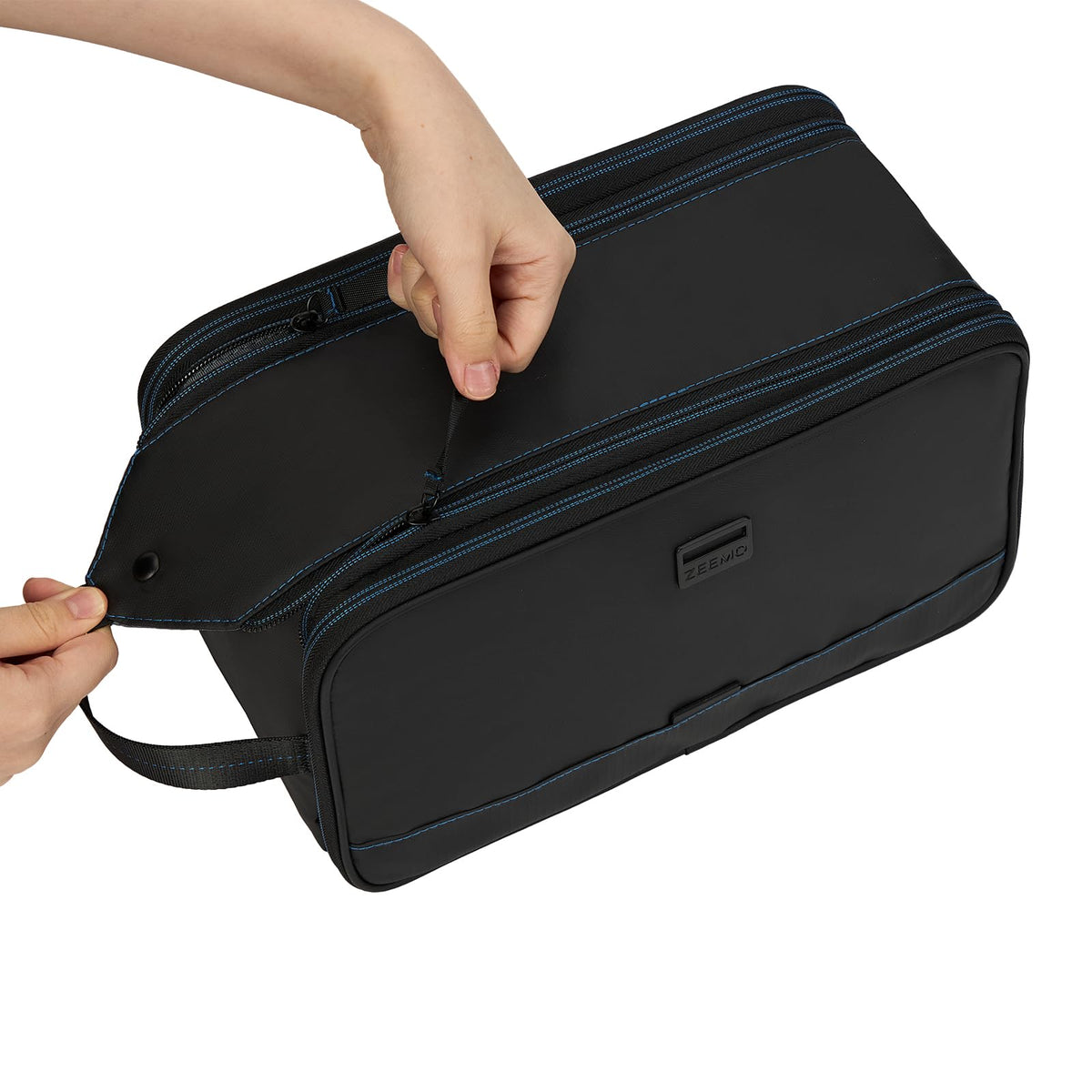 ZEEMO Travel Toiletry Bag open with toiletries organized inside