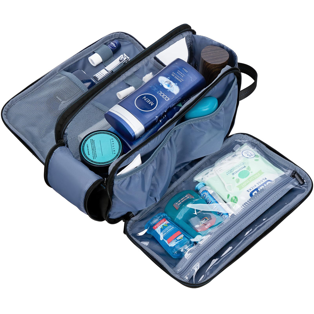 ZEEMO Travel Toiletry Bag side view with elastic bands and mesh pockets