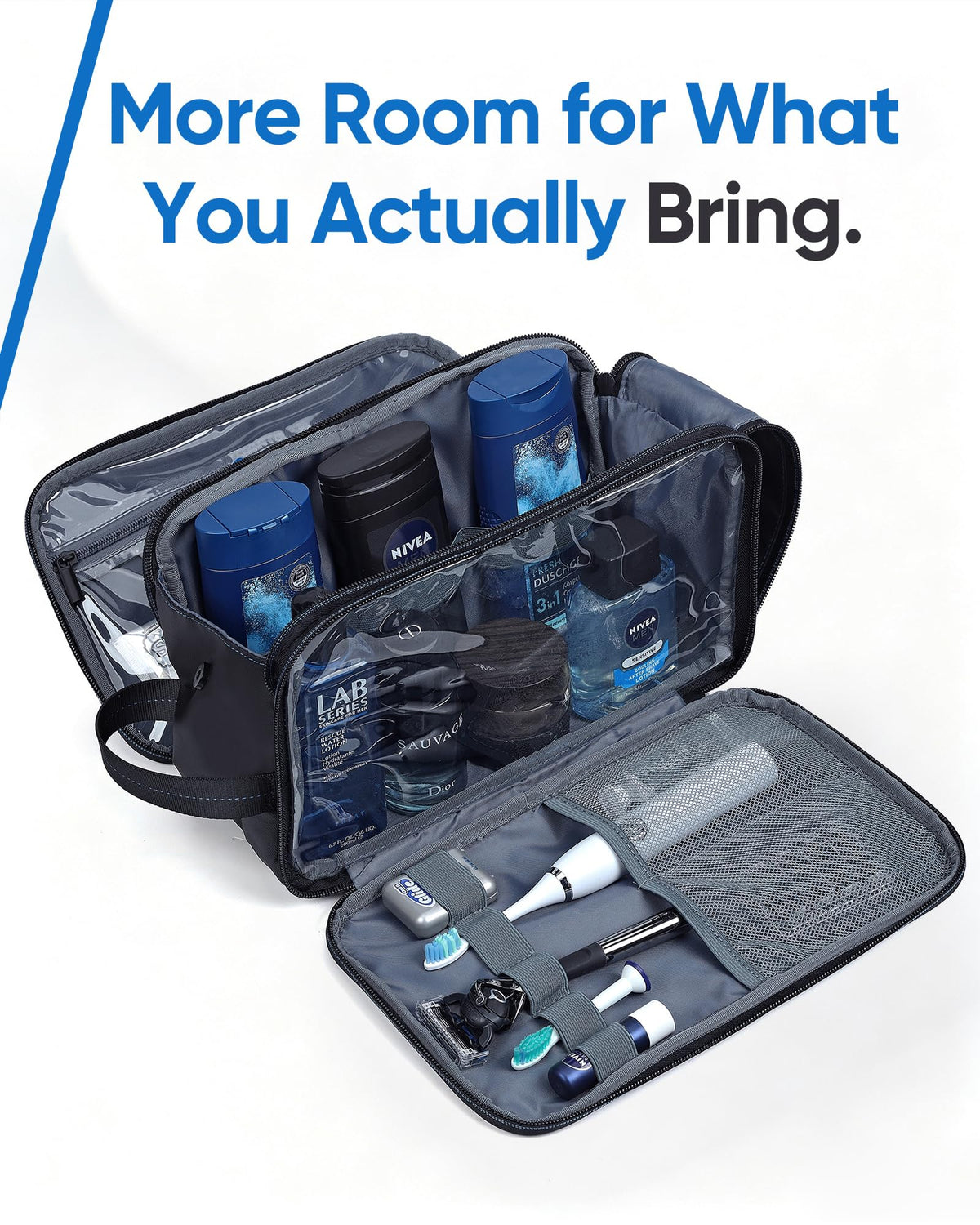ZEEMO Travel Toiletry Bag side view with zippers