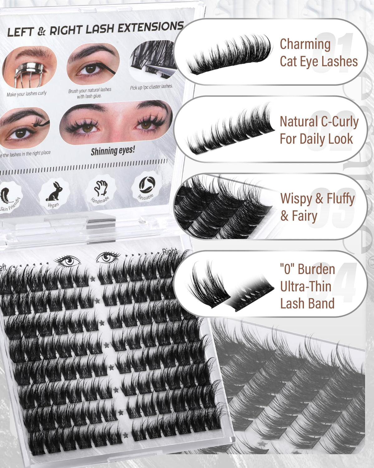 Zegaine Cat Eye Lash Clusters showing graduated lengths