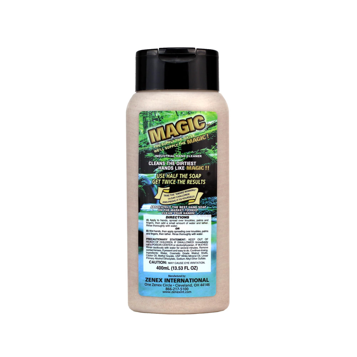 Zenex Magic Hand Soap 400ml front view with walnut shell scrubbers