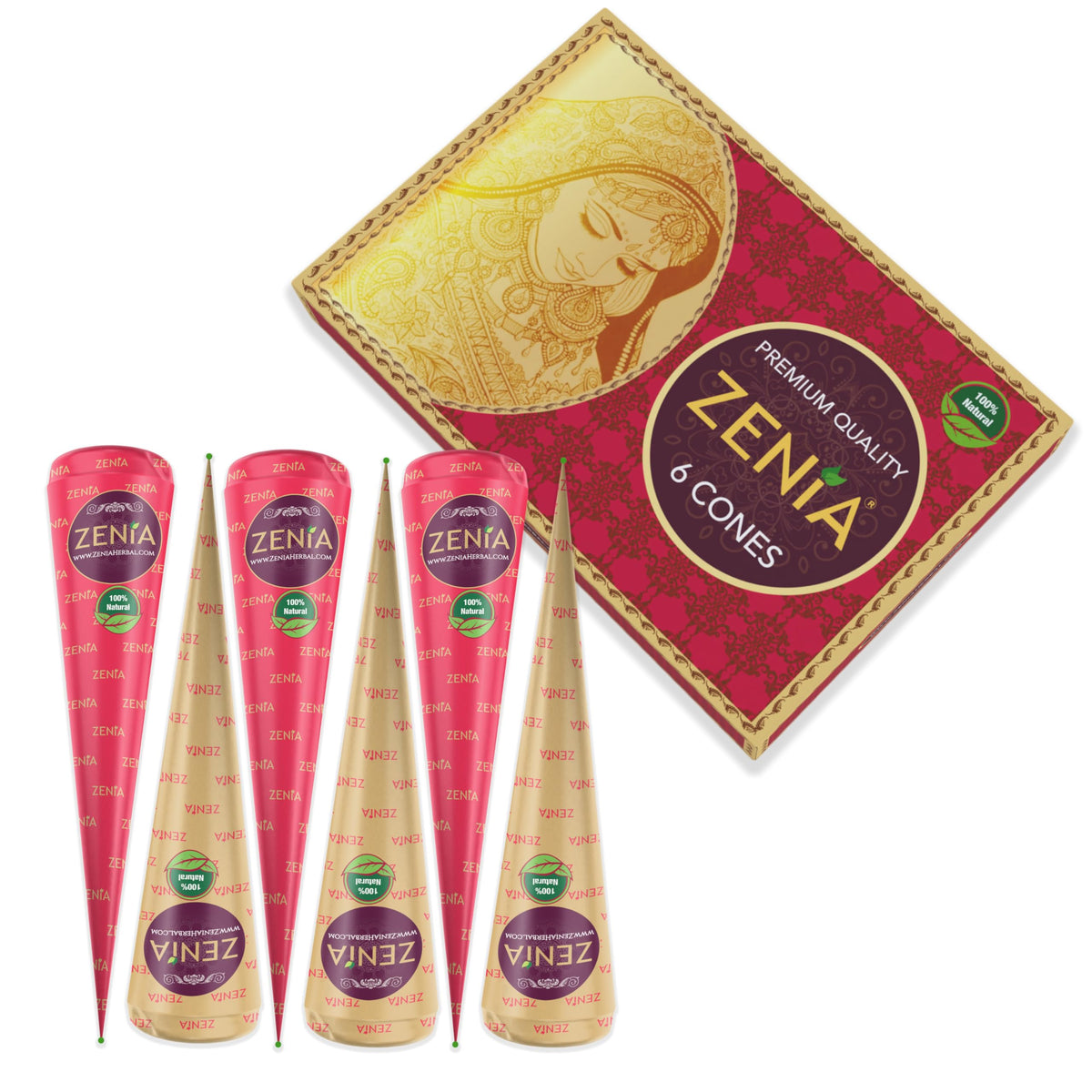 Zenia henna hair dye cones pack with reddish brown colour