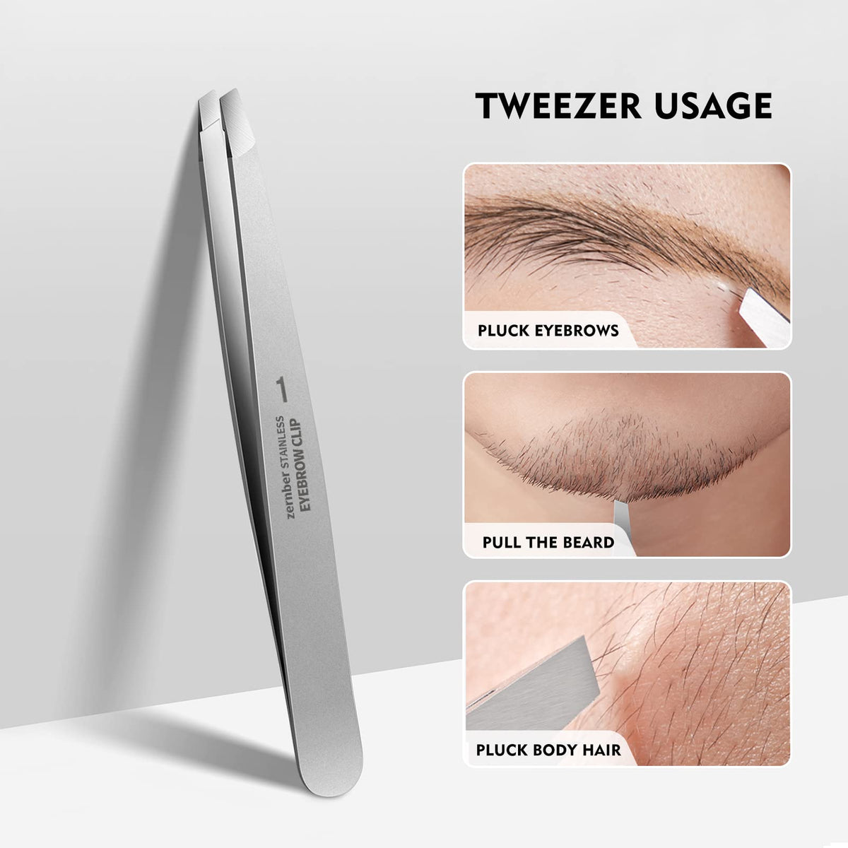 ZERNBER tweezers demonstrating hair removal on skin