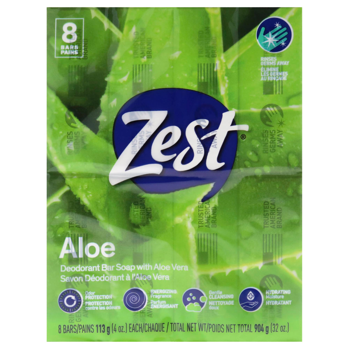 Zest 8-Bar Bath Size Soap Fresh Aloe front view