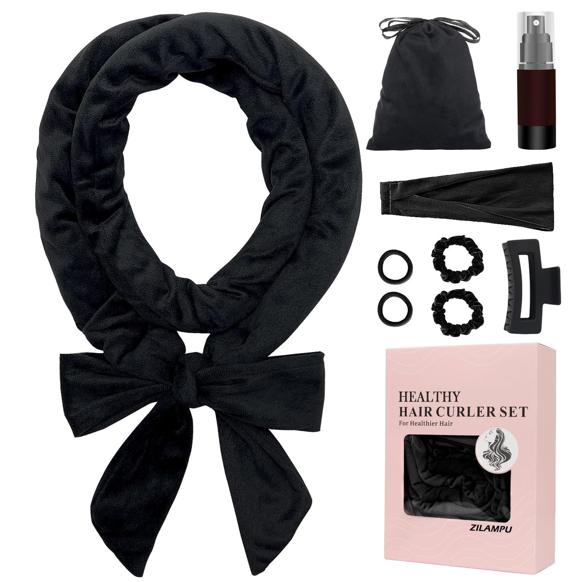 ZILAMPU Heatless Curls Overnight Curling Headband in black, front view