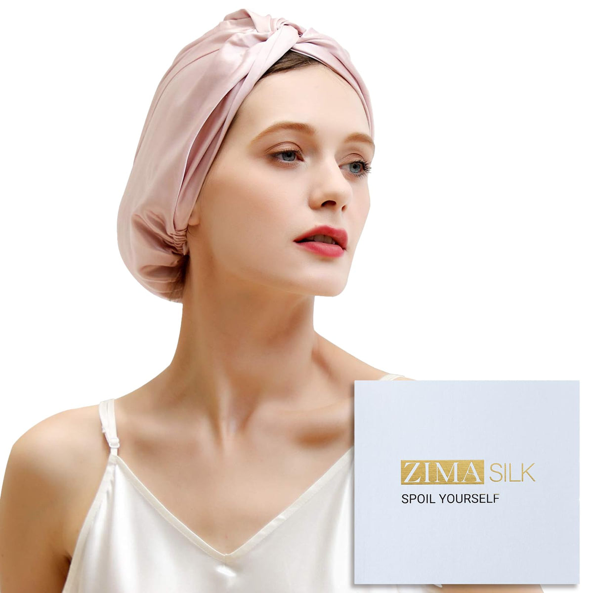 ZIMASILK 22 Momme Silk Bonnet front view in pink