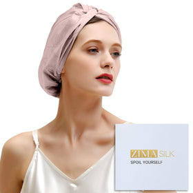 ZIMASILK 22 Momme Silk Bonnet front view in pink with fruit line art