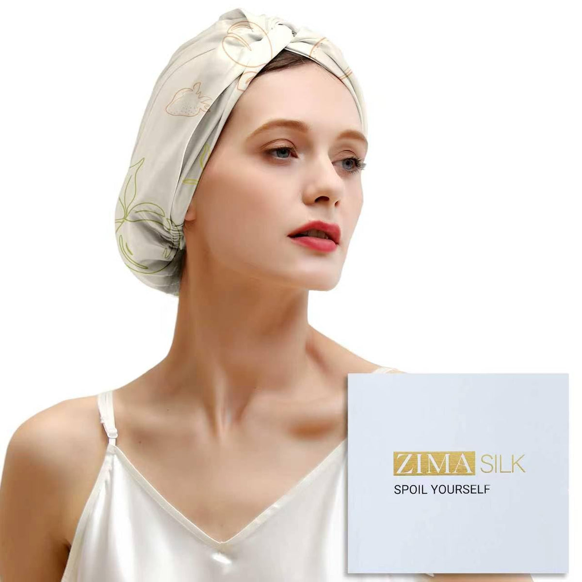 ZIMASILK 22 Momme Silk Bonnet in ivory with fruit line art design