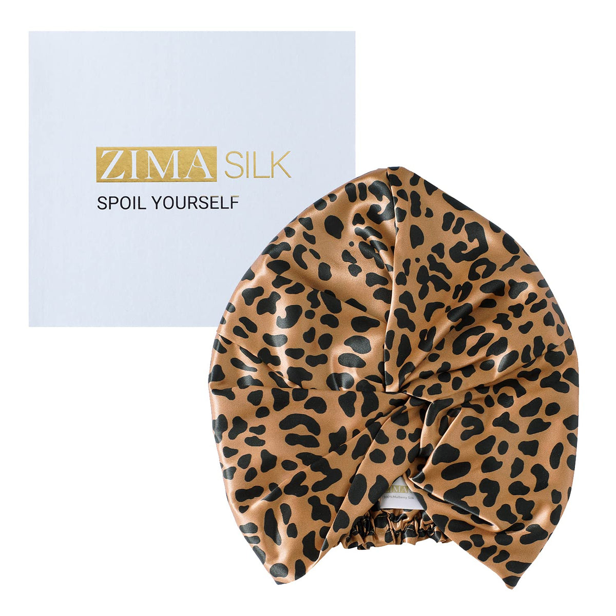 ZIMASILK 22 Momme Silk Bonnet in Leopard Black/Golden front view