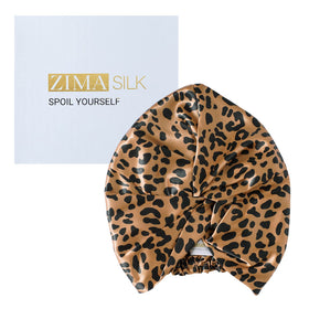 ZIMASILK 22 Momme Silk Bonnet in Leopard Black/Golden front view