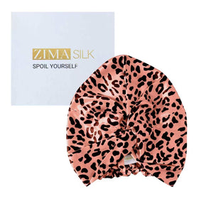 ZIMASILK 22 Momme Silk Bonnet in Leopard Black/Pink front view