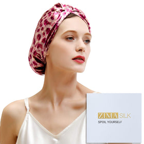 ZIMASILK 22 Momme Silk Bonnet in Leopard Pink/Purple front view