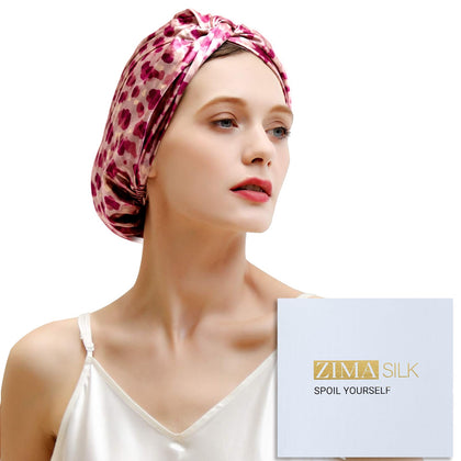 ZIMASILK 22 Momme Silk Bonnet in Leopard Pink/Purple front view