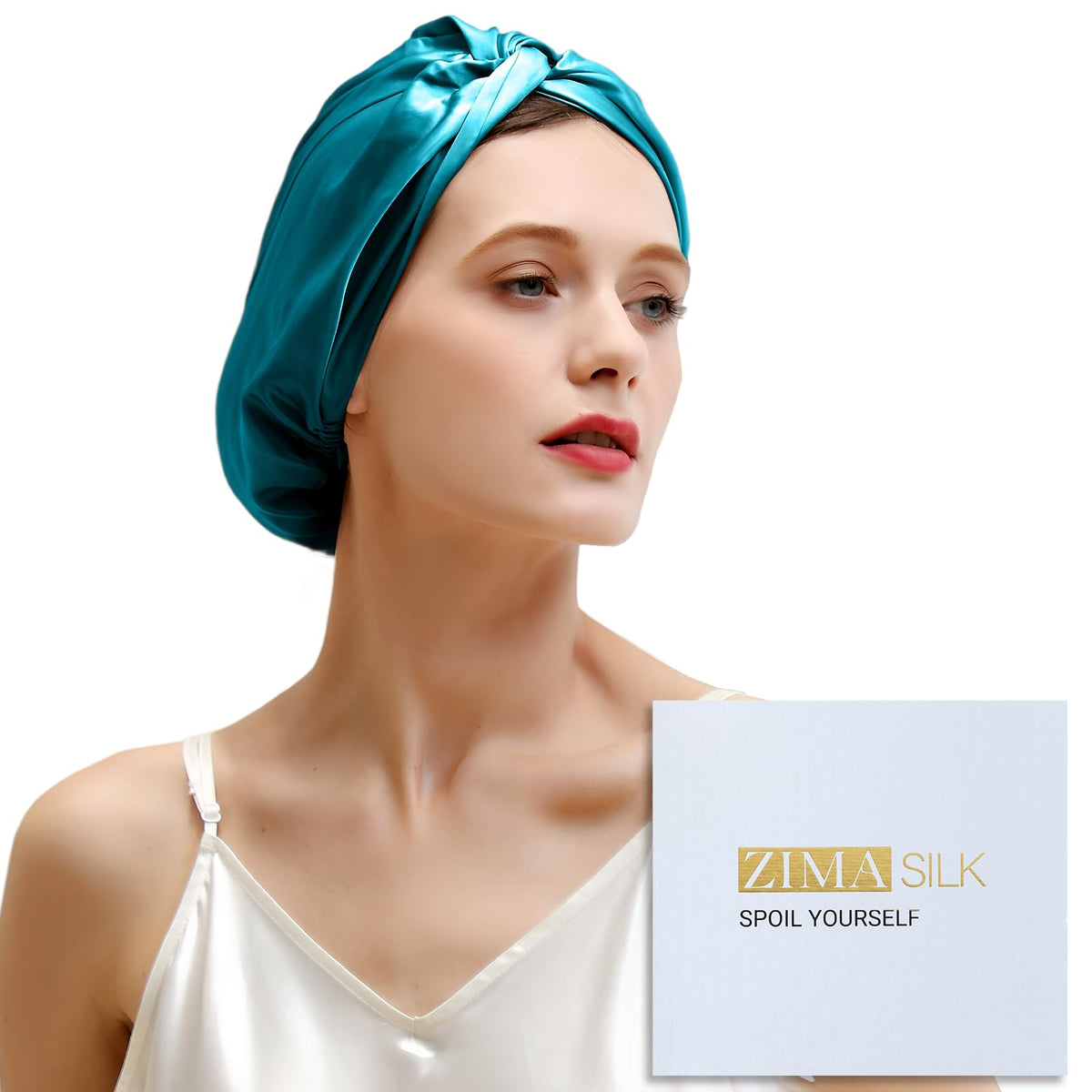 ZIMASILK 22 Momme Silk Bonnet in turquoise front view