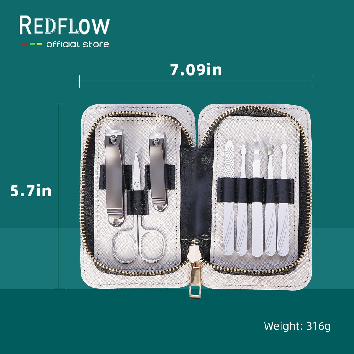 Zipper leather bag containing RedFlow manicure tools