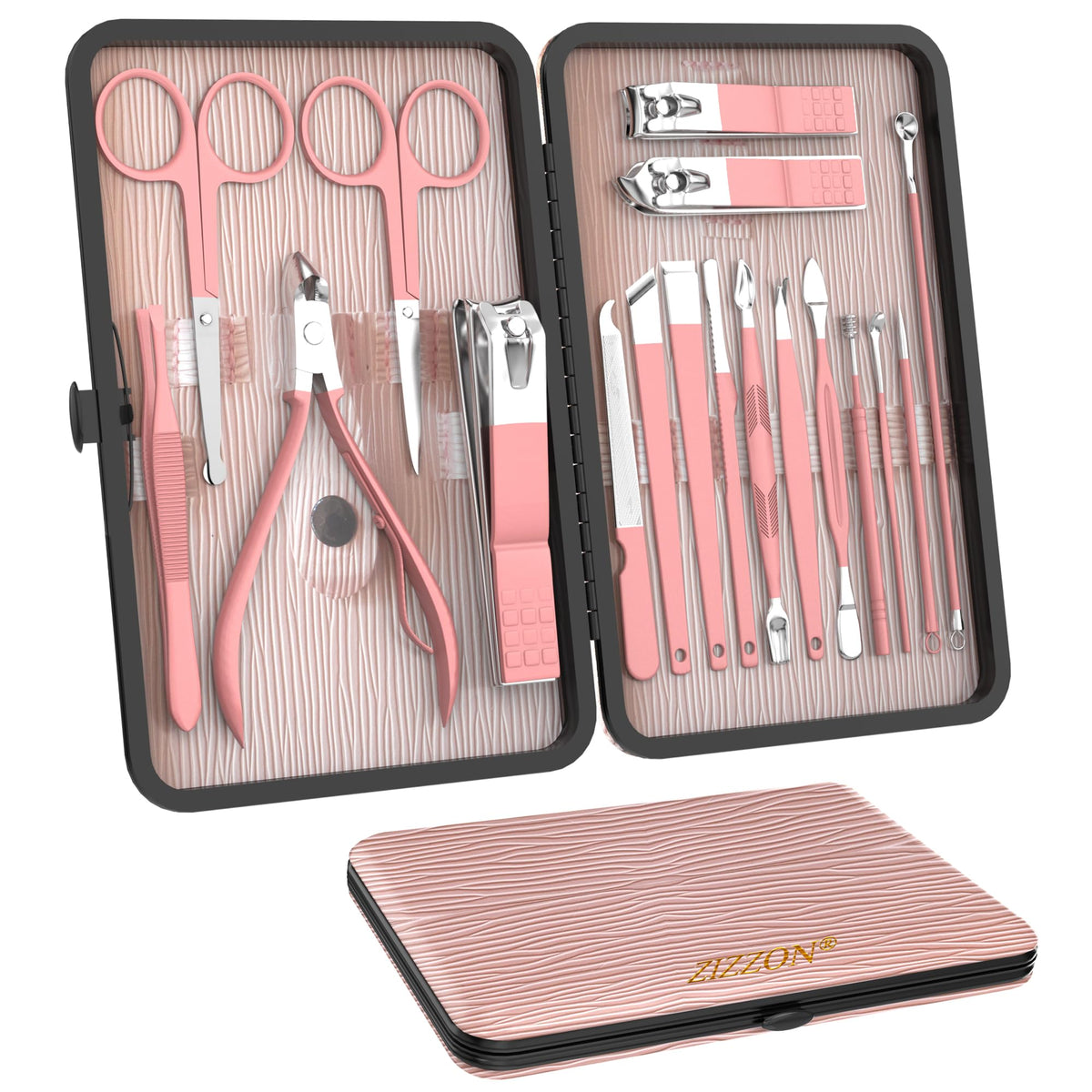 ZIZZON 18 in 1 Manicure Set pink case open showing tools