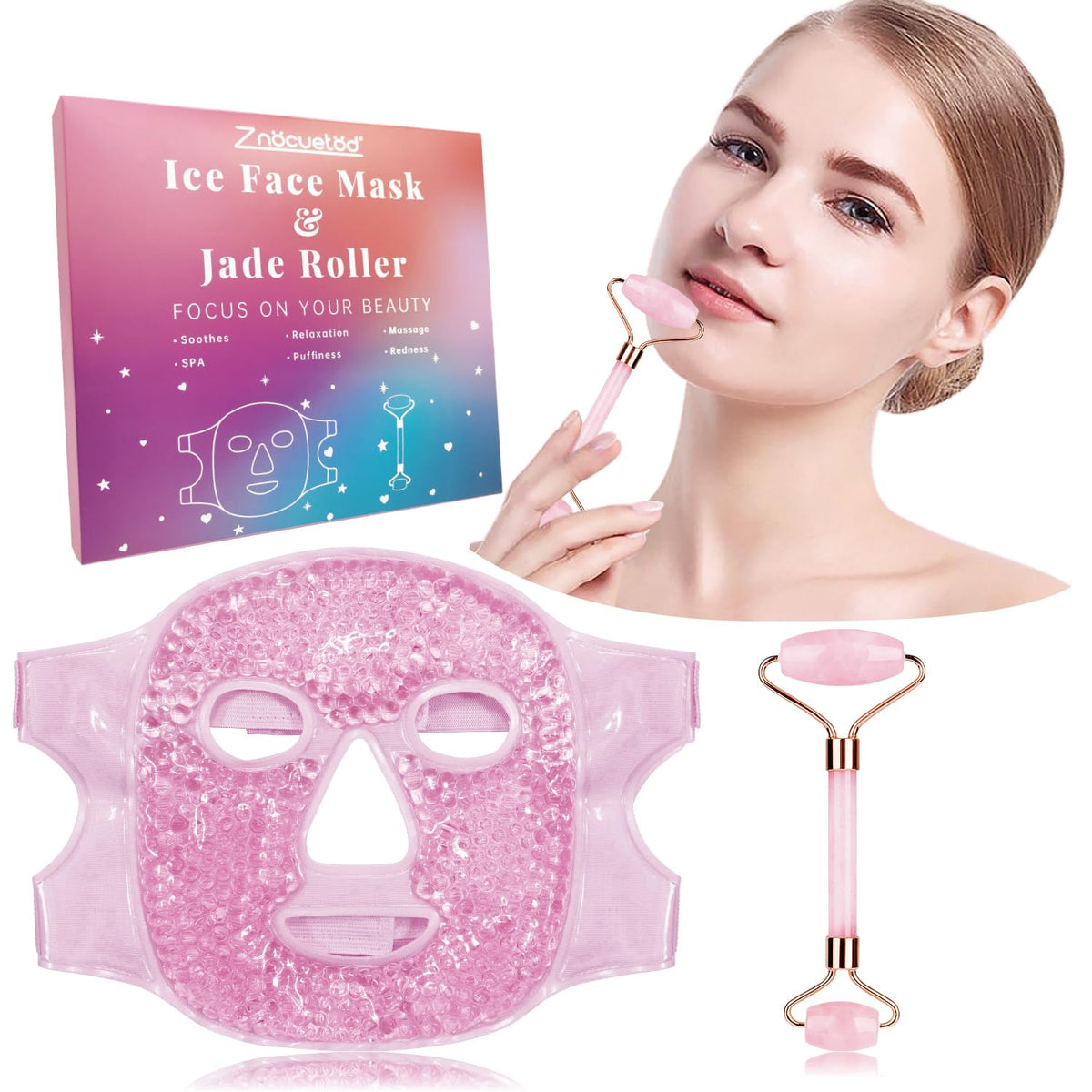 ZNÖCUETÖD jade roller front view with rose quartz finish