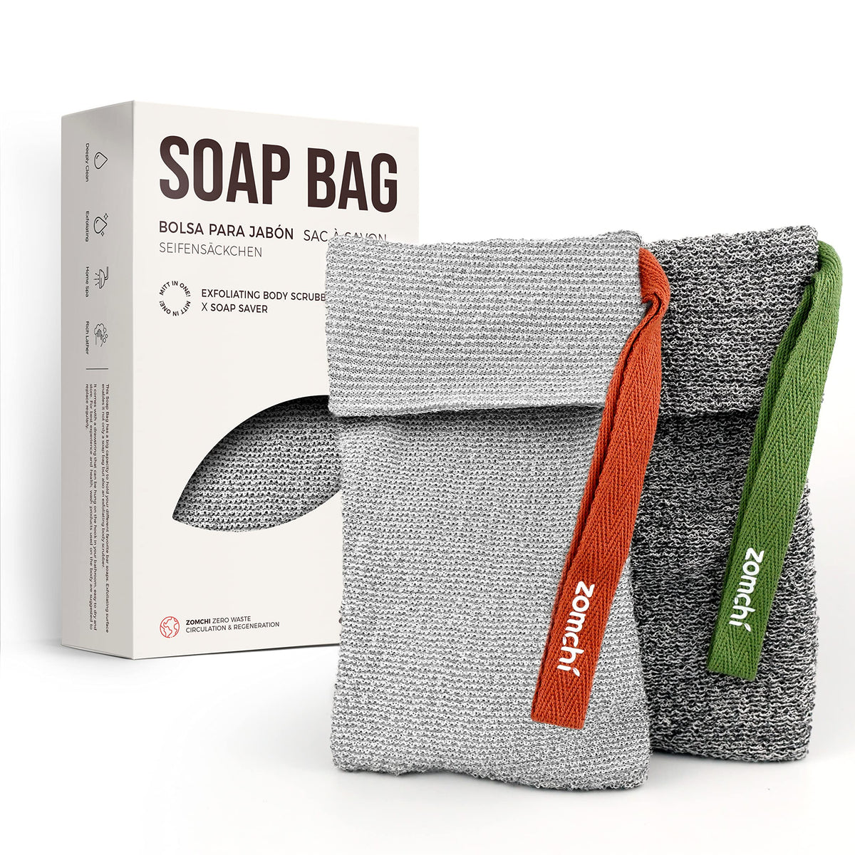 ZOMCHI Soap Bag for Soap Bars front view showing soft and rough textures