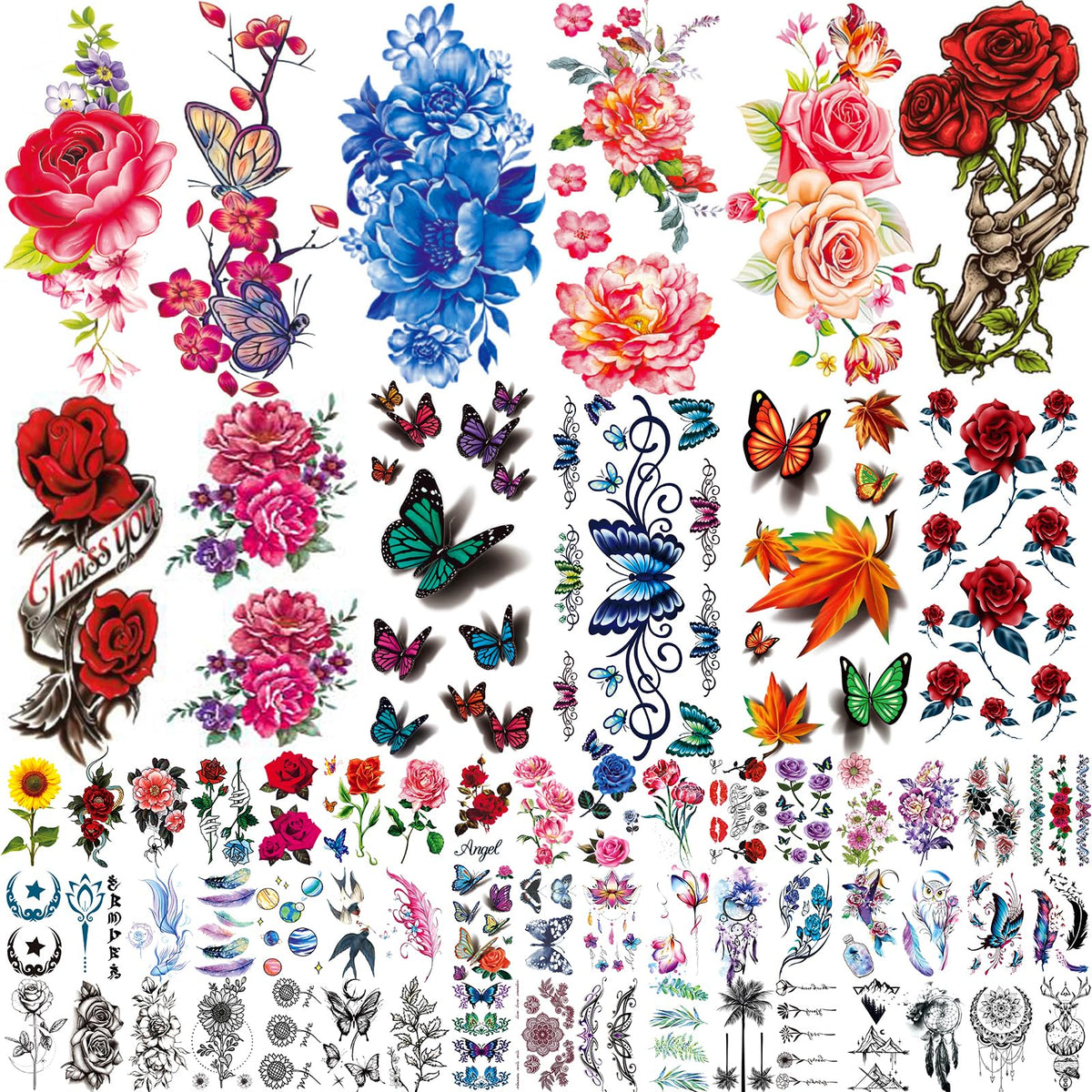 Zomme 82 Sheets Temporary Tattoos featuring floral designs
