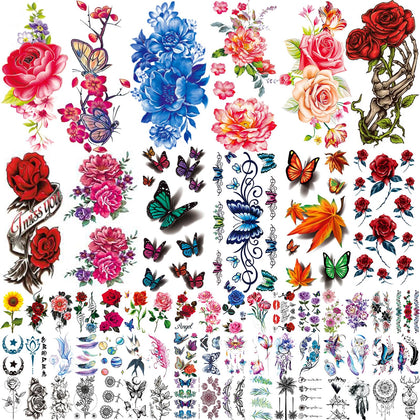 Zomme 82 Sheets Temporary Tattoos featuring floral designs