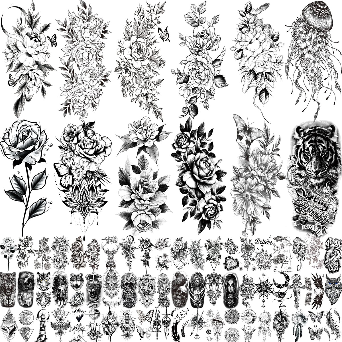 Zomme 82 Sheets Temporary Tattoos featuring large flower designs
