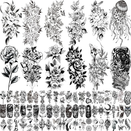 Zomme 82 Sheets Temporary Tattoos featuring large flower designs