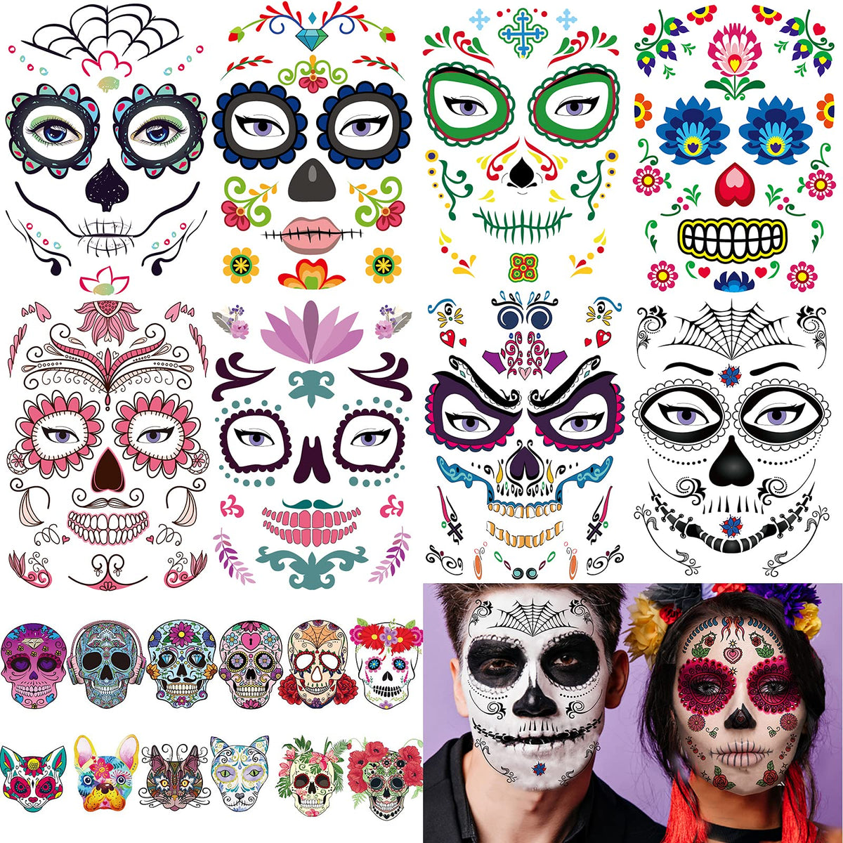 Zomme Day of the Dead sugar skull temporary face tattoos large sheet