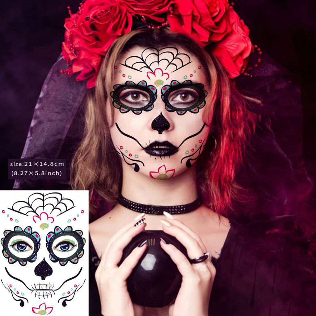 Zomme sugar skull tattoos applied on a model's face
