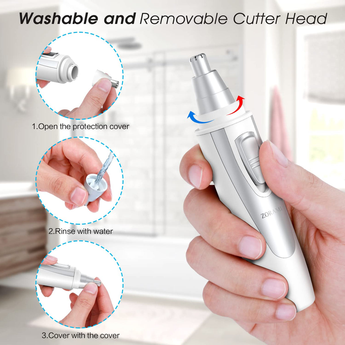 ZORAMI Ear and Nose Hair Trimmer showing battery compartment