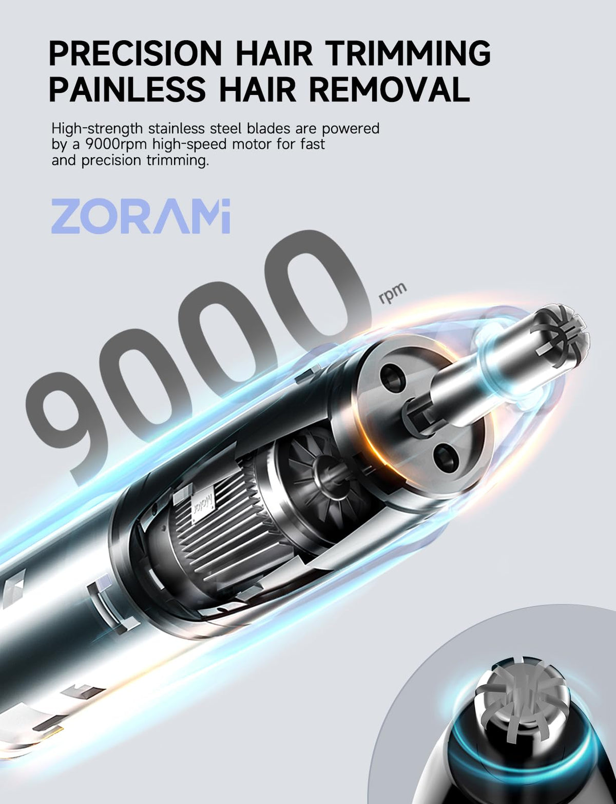 ZORAMI Nose Hair Trimmer in use on facial hair