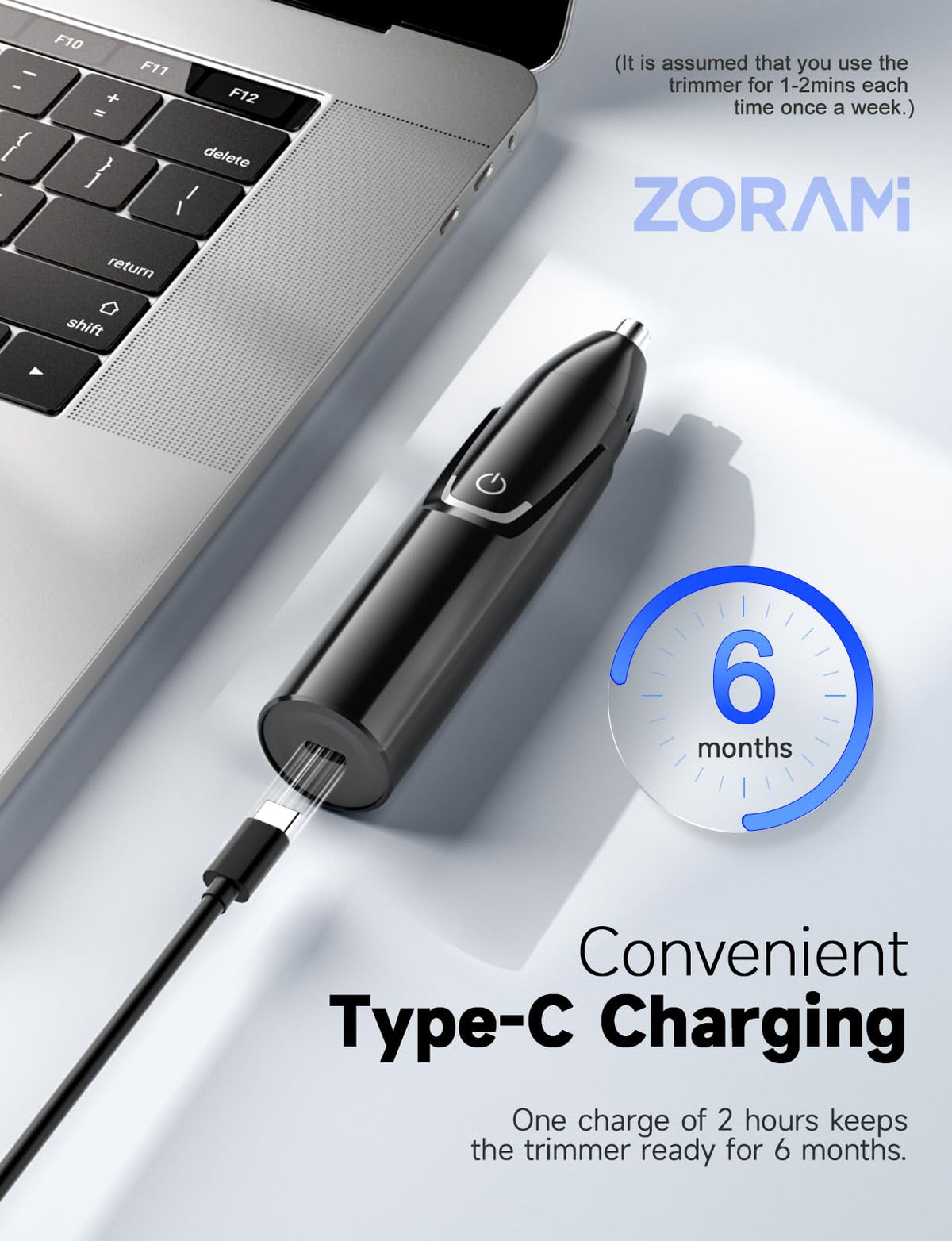 ZORAMI Nose Hair Trimmer side view with USB C charging cable
