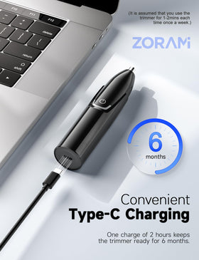 ZORAMI Nose Hair Trimmer side view with USB C charging cable