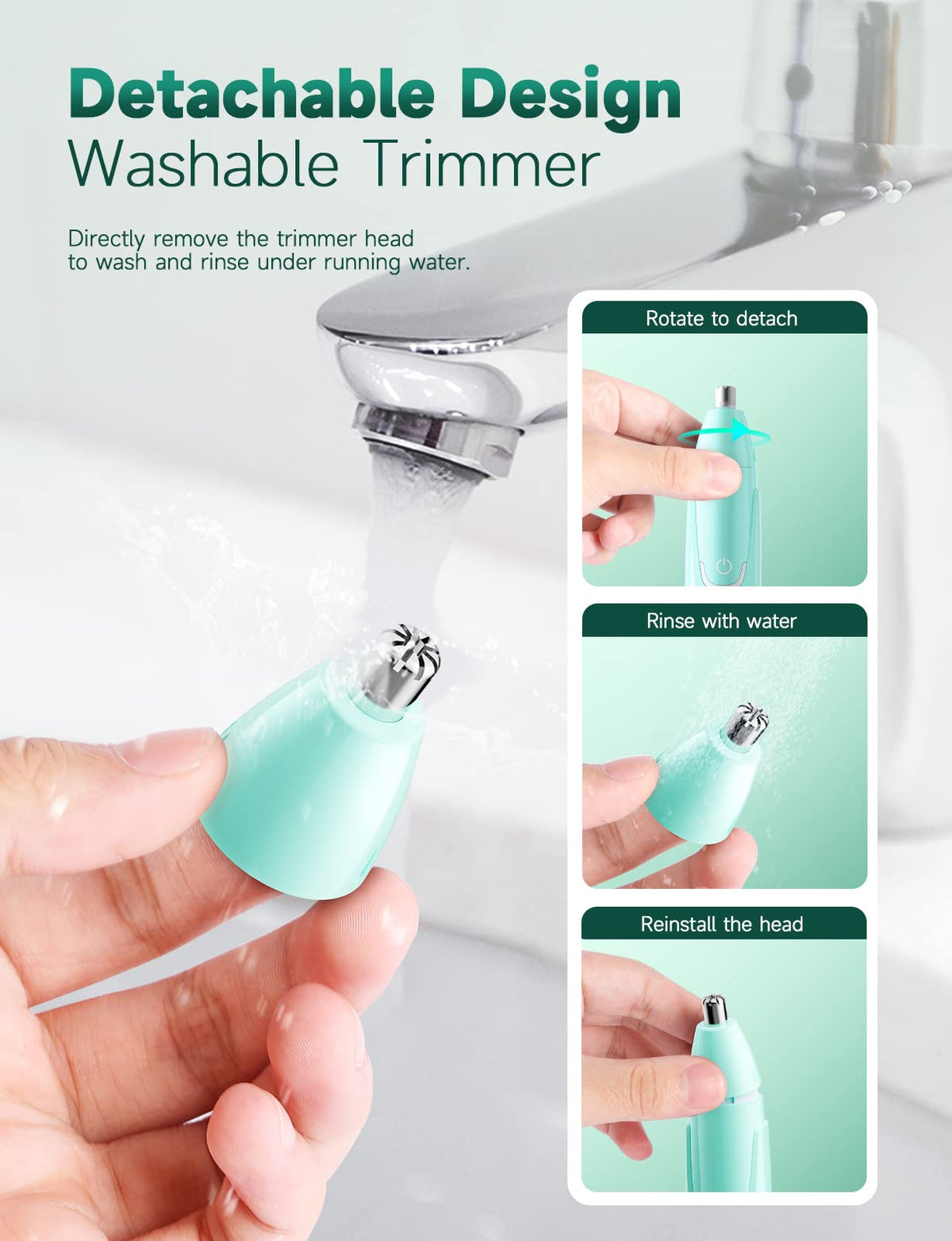 ZORAMI Rechargeable Ear and Nose Hair Trimmer mint green with protective cover