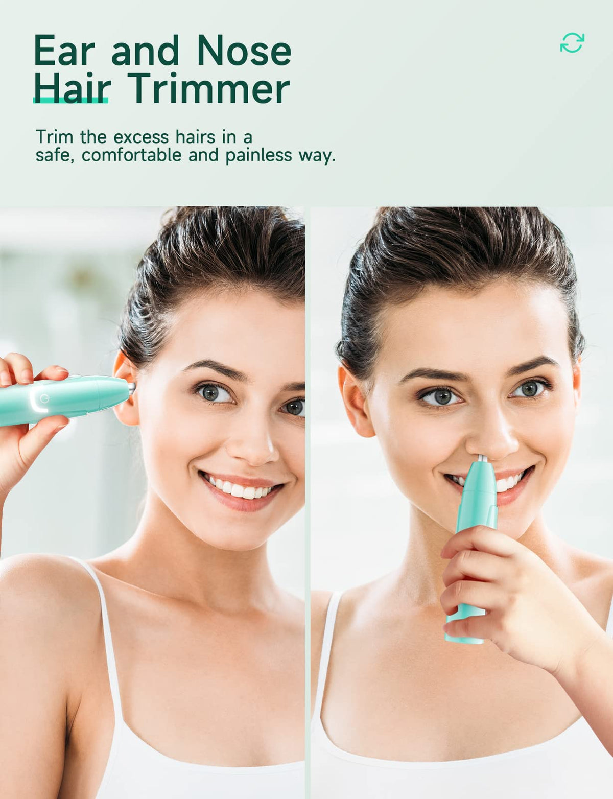 ZORAMI Rechargeable Ear and Nose Hair Trimmer mint green with USB-C charging cable
