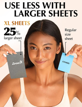 ZOROM'S XL Oil Blotting Sheets being used on face