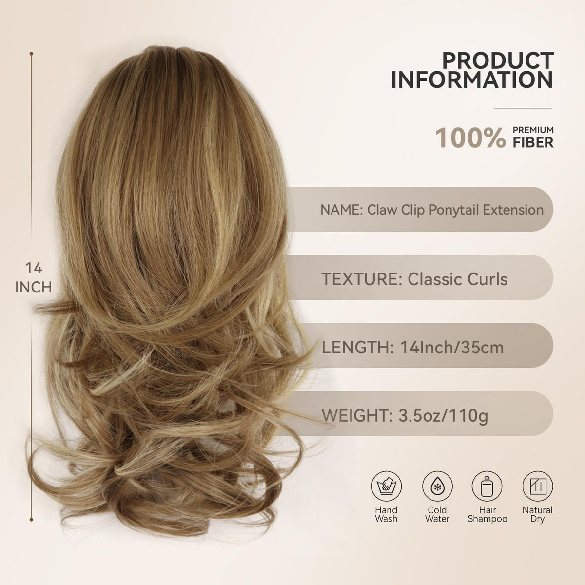 ZQIAN BEAUTY 14 Inch Ponytail Extension side view showing claw clip