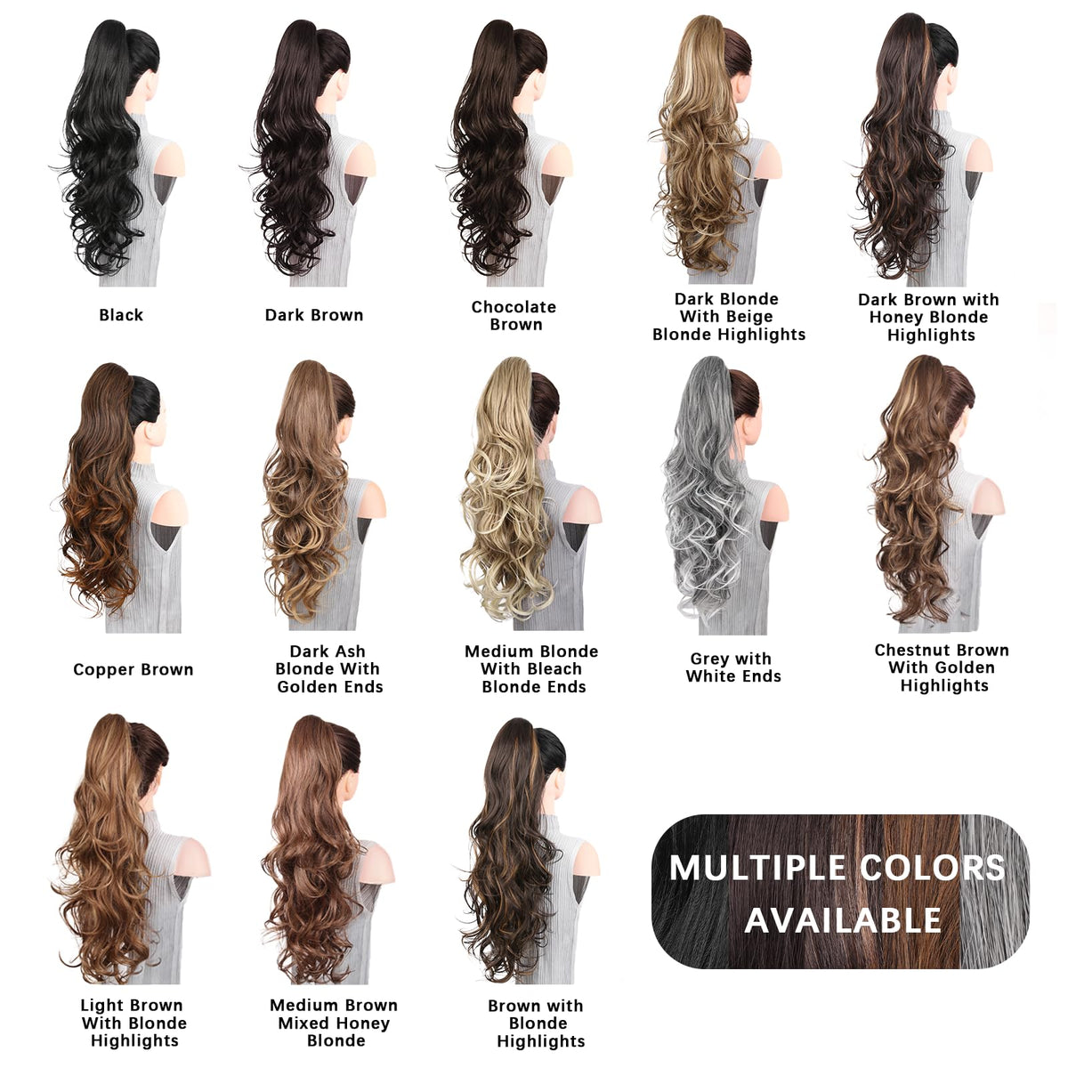 ZQIAN BEAUTY ponytail extension showing various colour options