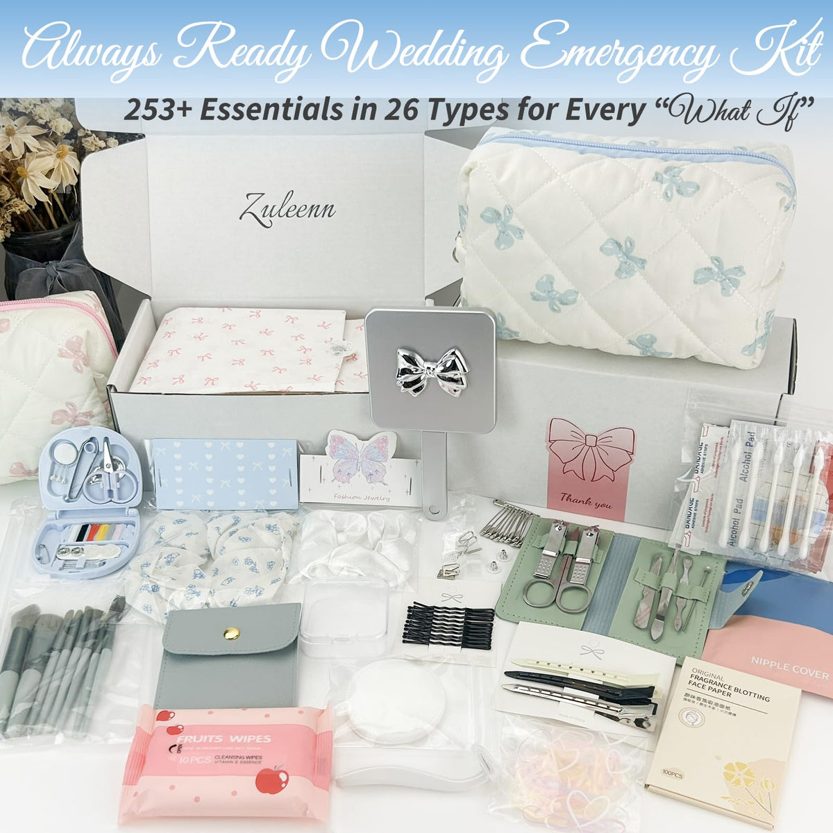 ZULEENN Bridal Emergency Kit contents including Fashion Tape and Safety Pins